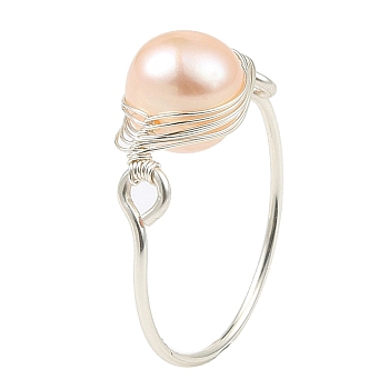 Natural Pearl Braided Bead Finger Ring, Silver Copper Wire Wrap Ring for Women, Pink, Inner Diameter: 18.8mm