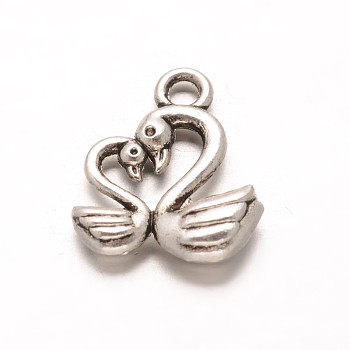 Tibetan Style Alloy Two Swan Charms, Lead Free & Cadmium Free, Antique Silver, 13x15x3.5mm, Hole: 2mm