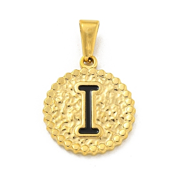 Ion Plating(IP) 304 Stainless Steel Enamel Pendants, Golden, Flat Round with Letter Charm, Letter I, 21x18x2mm, Hole: 8x3.5mm