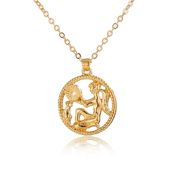 Alloy Flat Round with Constellation Pendant Necklaces, Cable Chain Necklace for Women, Aquarius, Pendant: 2.2cm