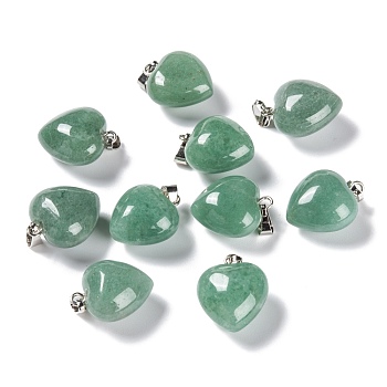 Natural Green Aventurine Pendants, with Platinum Brass Loops, Heart, 18~19x15~15.5x6~8mm, Hole: 6x2.5~3mm