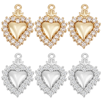 8Pcs 2 Colors Rack Plating Brass Micro Pave Clear Cubic Zirconia Pendants, Sacred Heart Charms, Long-Lasting Plated, Platinum & Golden, 16.5x11.5x3.5mm, Hole: 1.2mm, 4pcs/color