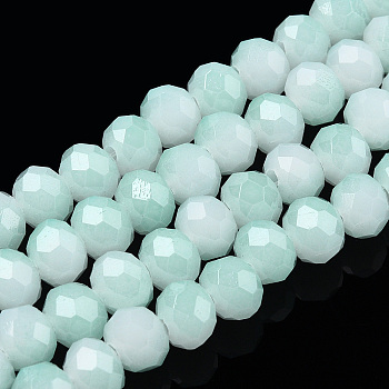 Two-Tone Imitation Jade Glass Beads Strands, Faceted, Rondelle, Light Cyan, 6x5mm, Hole: 1.4mm, about 85~90pcs/strand, 15.35 inch~16.34 inch(39~41.5cm)