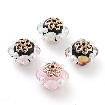 Handmade Indonesia Beads, with Alloy, Resin and ABS Plastic, Heart, Golden, Mixed Color, 21x17.5mm, Hole: 1.9mm