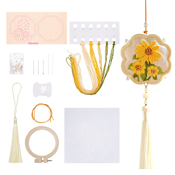 DIY Embroidery Flower Shape Sachet Pendant Decoration Kits, Omamori Amulet with Tassel Embroidery Starter Kit, Sunflower Pattern, 2~180x2~165x0.4~9mm