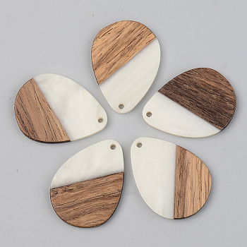 Opaque Resin & Walnut Wood Pendants, Teardrop, Floral White, 35.5x26x3mm, Hole: 2mm