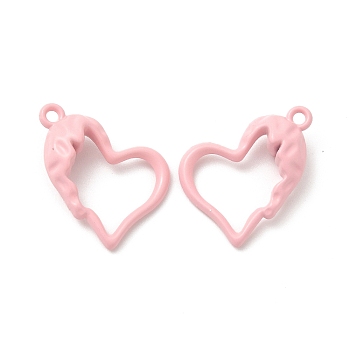 Spray Painted Alloy Pendants, Hollow Heart Charm, Pink, 21x15.5x0.6mm, Hole: 1.6mm