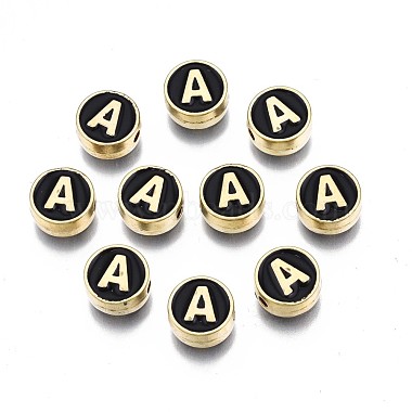 Light Gold Black Flat Round Alloy+Enamel Beads