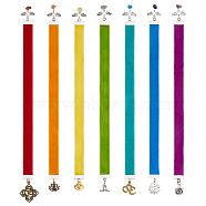 Yoga Theme Velvet Ribbon Bookmark, Alloy & Gemstone Chip Heart Wing Pendant Bookmark, Mixed Color, 301~315mm, 7 style, 1pc/style, 7pcs/set(AJEW-AB00140)