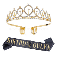 Iron with Glass Rhinestone Birthday Crown Shoulder Strap Sets, Tiara Crown Headpieces with Sash, Birthday Gifts, for Girl Birthday Party Supplies, Gold, 158x9.5~12x0.4cm, 2pcs/set(AJEW-WH0180-16)