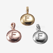 Brass Pendants, with Cubic Zirconia, Cadmium Free & Lead Free, Flat Round with Letter, Mixed Color, Letter.F, 22mm, Hole: 2x3mm, Pendant: 15x3mm(KK-K194-F-RS)