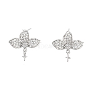 Flower Rhodium Plated 925 Sterling Silver Micro Pave Cubic Zirconia Stud Earring Findings, with Pinch Bails and S925 Stamp, for Half Drilled Beads, Real Platinum Plated, 17x18.5mm, Pin: 11x0.6mm(EJEW-B038-18P)