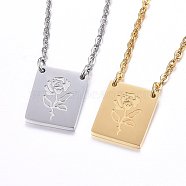 304 Stainless Steel Pendant Necklaces, with Lobster Clasp, Rectangle with Flower, Golden & Stainless Steel Color, 18.11 inch(46cm), 1.5mm(NJEW-H496-02)