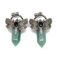 Natural Green Aventurine Faceted Pointed Bullet Big Pendants, Rack Plating Antique Silver Plated Alloy Butterfly Charms, Cadmium Free & Lead Free, 54x33.5x18.5~19mm, Hole: 6.5x7.5mm(G-Q165-01AS-06)