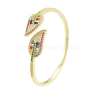 Cubic Zirconia Leaf Open Cuff Bangle, Real 18K Gold Plated Brass Jewelry for Women, Colorful, Inner Diameter: 2-3/8 inch(5.9cm)(BJEW-N012-045)