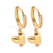 Heart Brass Micro Pave Clear Cubic Zirconia Huggie Hoop Dangle Earrings for Women, Real 18K Gold Plated, 24x9mm(AJEW-U003-02G)