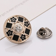 Plastic Brooch, Alloy Pin, with Rhinestone, Enamel, for Garment Accessories, Round with Flower & Square, Black, 25mm(SENE-PW0013-07C-11B)