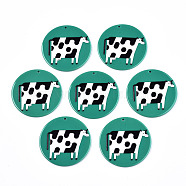 Acrylic Pendants, 3D Printed, Flat Round with Dairy Cattle Pattern, Green & Black & White, 45x2.5mm, Hole: 1.8mm(KY-S163-172)