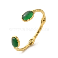 304 Stainless Steel Cuff Bangle with Natural Green Agate, Oval, Real 18K Gold Plated, Inner Diameter: 2-3/8 inch(5.9cm)(BJEW-Q773-08G)