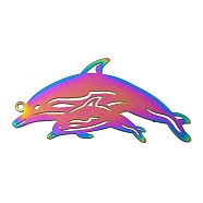 Ion Plating(IP) 201 Stainless Steel Etched Metal Embellishments Pendants, Rainbow Color, Dolphin, 48.5x24x0.3mm, Hole: 1.4mm(STAS-G328-02C-RC)