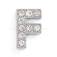 Alloy Slide Charms, with Crystal Rhinestone, for DIY Craft Jewelry Making, Letter, Platinum, Letter.F, 14x9x5mm, Hole: 2x11mm(ALRI-WH0005-09F-P)