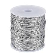 1mm Jewelry Braided Thread Metallic Threads, Polyester Threads, Silver, 1mm, about 109.36 yards(100m)/roll(MCOR-S002-02)