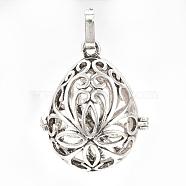 Rack Plating Brass Cage Pendants, For Chime Ball Pendant Necklaces Making, Hollow Teardrop with Flower, Antique Silver, 34x27x22mm, Hole: 3mm, inner measure: 24x18mm(KK-S751-002AS)