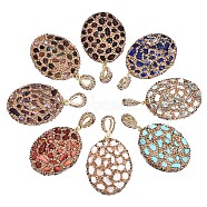 Polymer Clay Rhinestone Pendants, with Gemstone Chip/Natural Shell Chip and PU Leather, Oval, Golden, PP12(1.8~1.9mm), 47~48x35~37x6~7mm,  Hole: 9x5mm(RB-S056-13A-G)