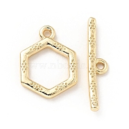 Rack Plating Brass Toggle Clasps, Cadmium Free & Lead Free, Long-Lasting Plated, Hexagon, Light Gold, Hexagon: 14.5x10.5x1.6mm, Hole: 1.2mm, Bar: 18.5x4x1.8mm, Hole:  1.2mm(KK-E034-14LG)