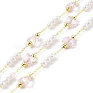 Handmade Eco-friendly Brass Cable Chain, with Glass & CCB Butterfly & Imitation Pearl Beaded, Long-Lasting Plated, Golden, Soldered, with Spool, Pink, 6x8x2mm(CHC-E023-21G-03)