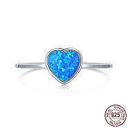 Rhodium Plated 925 Sterling Silver Open Finger Rings, with Opal for Women, Heart Cuff Ring, Real Platinum Plated, Blue, 1mm, US Size 7(17.3mm)(RJEW-A019-52P-02)