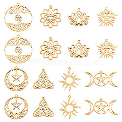 16Pcs 8 Style 304 Stainless Steel Pendants, Mixed Shapes, Real 18K Gold Plated, 19~27x24~35x1~2mm, Hole: 1.2~1.5mm, 2pcs/style(STAS-SC0003-92G)
