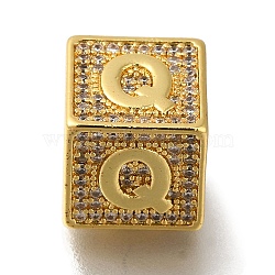 Brass Cubic Zirconia Beads, Letter Q, Square, Letter Q, 9.5x9.5x9.5mm, Hole: 6mm(KK-Q818-01Q-G)