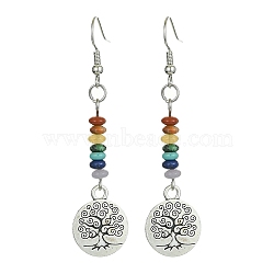 Alloy Tree of Life Dangle Earrings, Synthetic & Natural Mixed Gemstone Beaded Long Drop Earrings for Women, Flat Round, 62.5x15mm(EJEW-JE05462-01)