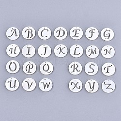 Natural Freshwater Shell Charms, Flat Round with Hollow Out Letter, Random Mixed Letters, 14.5x1.5mm, Hole: 0.9mm(SHEL-S276-119)
