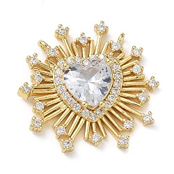 Brass Micro Pave Clear Cubic Zirconia Pendants, with Glass, Heart with Sunburst Charms, Cadmium Free & Lead Free, Rack Plating, Long-Lasting Plated, Real 18K Gold Plated, 23.5x23.5x5mm, Hole: 1mm(CU-CBA4231-08G)