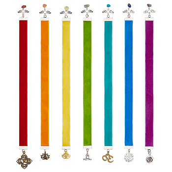 Yoga Theme Velvet Ribbon Bookmark, Alloy & Gemstone Chip Heart Wing Pendant Bookmark, Mixed Color, 301~315mm, 7 style, 1pc/style, 7pcs/set