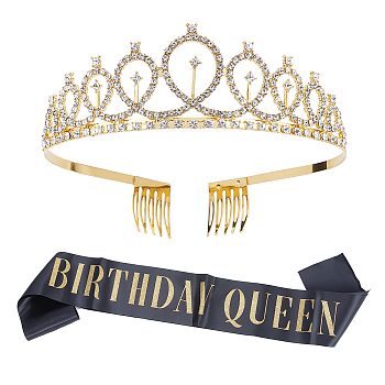 Iron with Glass Rhinestone Birthday Crown Shoulder Strap Sets, Tiara Crown Headpieces with Sash, Birthday Gifts, for Girl Birthday Party Supplies, Gold, 158x9.5~12x0.4cm, 2pcs/set