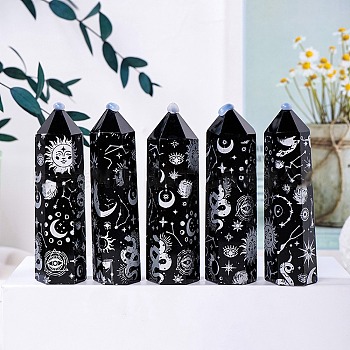 Natural Black Obsidian Pointed Prism Bar Home Display Decoration, Healing Stone Wands, for Reiki Chakra Meditation Therapy Decos, Moon Star Print Faceted Bullet, Silver, 70~80mm