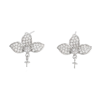 Flower Rhodium Plated 925 Sterling Silver Micro Pave Cubic Zirconia Stud Earring Findings, with Pinch Bails and S925 Stamp, for Half Drilled Beads, Real Platinum Plated, 17x18.5mm, Pin: 11x0.6mm