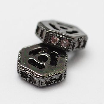 Brass Micro Pave Cubic Zirconia Beads, Hexagon, Lead Free & Nickel Free, Gunmetal, 6x5.5x2mm, Hole: 0.8mm