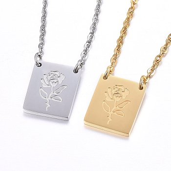 304 Stainless Steel Pendant Necklaces, with Lobster Clasp, Rectangle with Flower, Golden & Stainless Steel Color, 18.11 inch(46cm), 1.5mm