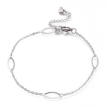 304 Stainless Steel Cable Chain Anklets, with Textured Horse Eye Links and Lobster Claw Clasps, Stainless Steel Color, 8-7/8 inch(22.5cm)