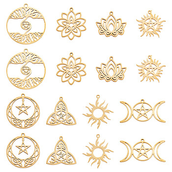 16Pcs 8 Style 304 Stainless Steel Pendants, Mixed Shapes, Real 18K Gold Plated, 19~27x24~35x1~2mm, Hole: 1.2~1.5mm, 2pcs/style