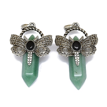 Natural Green Aventurine Faceted Pointed Bullet Big Pendants, Rack Plating Antique Silver Plated Alloy Butterfly Charms, Cadmium Free & Lead Free, 54x33.5x18.5~19mm, Hole: 6.5x7.5mm