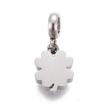 304 Stainless Steel Charms, with Tube Bails, Manual Polishing, Clover, Stainless Steel Color, 14mm, Pendant: 8.4x6.2x1.8mm, Hole: 2.5mm