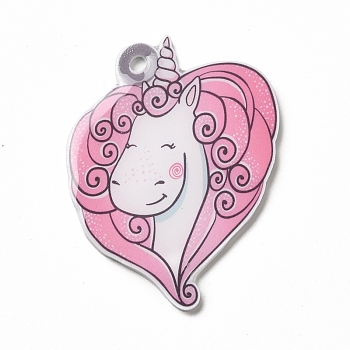 Cartoon Opaque Acrylic Pendants, Heart Unicorns Charm, Colorful, 44x35x2mm, Hole: 2.5mm