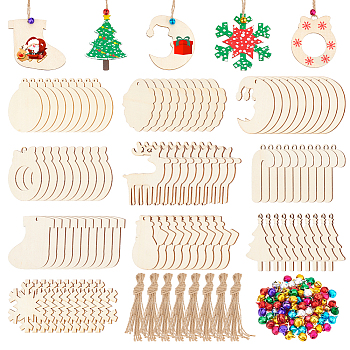 DIY Christmas Themed Pendant Decoration Making Kit, Including Snowflake & Wreath & Socks & Deer Wood Pendants, Hemp rope, Iron Bell Pendants, Mixed Color