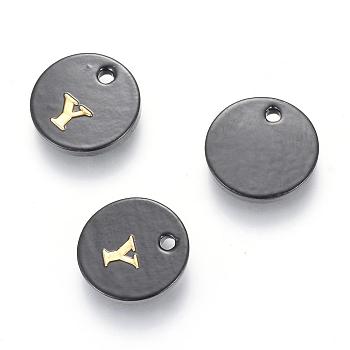 Freshwater Shell Charms, with Gold Blocking Letter, Dyed, Flat Round, Black, Letter.Y, 11x1.5mm, Hole: 1.5mm