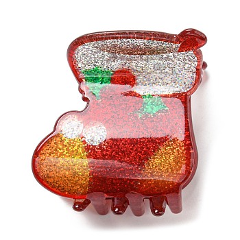 Christmas Theme Glitter Acrylic Claw Hair Clips, with Iron Findings, Hair Accessorise for Girls, Christmas Socking, 45x44x43mm
